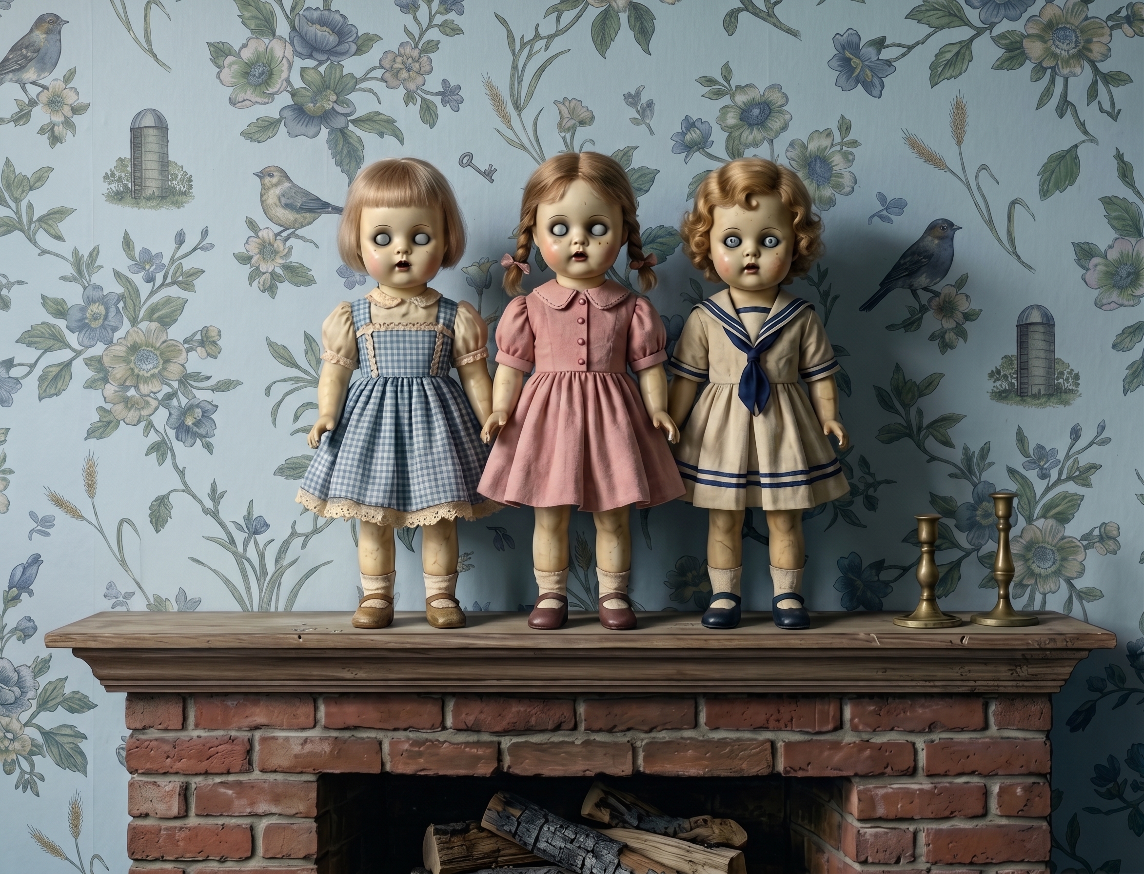 Three vintage porcelain dolls with unsettling glass eyes stand on a mantel in front of floral wallpaper.