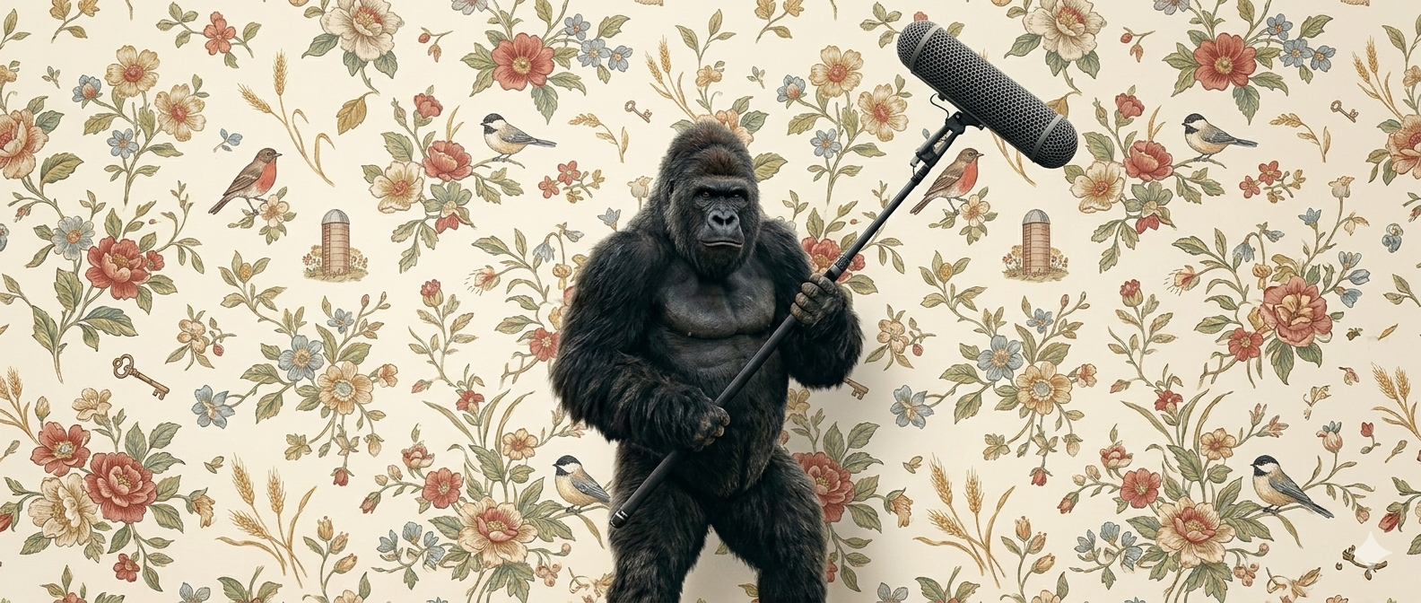 A gorilla holds a boom microphone on a film set, standing in front of floral wallpaper.